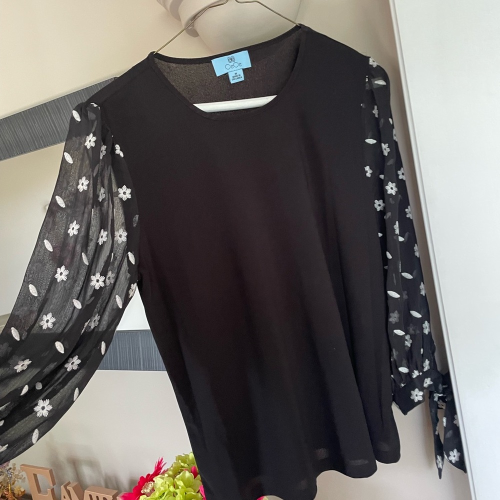NWT CeCe Black Blouse with Sheer Floral Sleeves